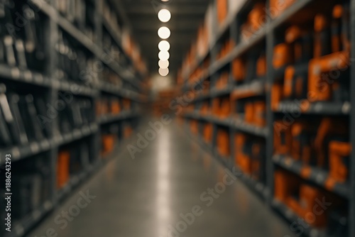 1920x1080 minimalist view down a hardware store aisle. Metal racks with tools blur into geometric shapes of silver, black, and orange bokeh. Hanging string lights create soft glowing orbs above.