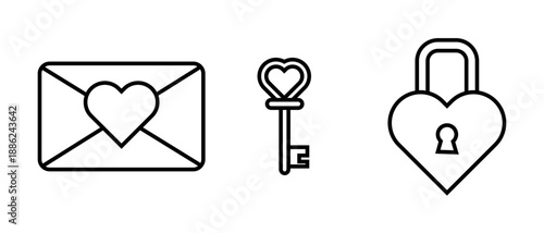 Multiple variants of love-themed outline icons set, featuring a heart envelope, a delicate heart-shaped key, and a secure heart padlock, vector, isolated on transparent background.