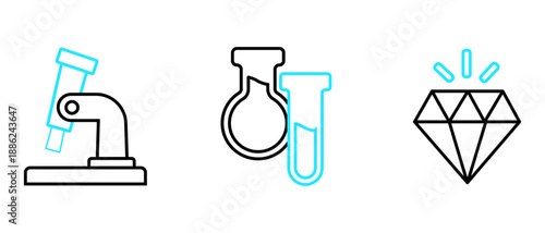 Colorful outline icon set depicting a microscope, chemical test tubes, and discovery concepts, vector, isolated on transparent.