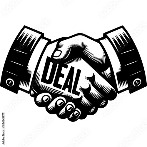 Handshake of Agreement: A powerful graphic symbolizing partnership, agreement, and the culmination of a successful deal, featuring a detailed illustration of two hands clasped in a firm handshake.