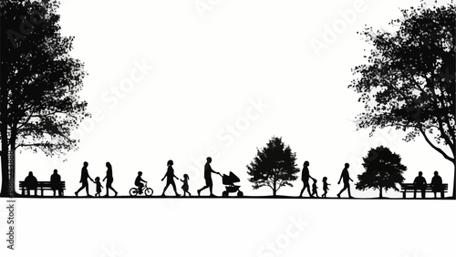 Silhouettes of people walking in a park with trees and benches.