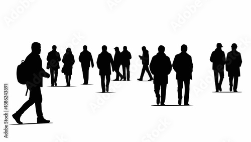 Silhouettes of people walking in different directions.