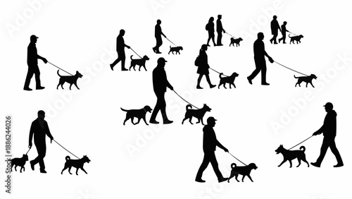 Silhouettes of people walking dogs on leashes in various poses.