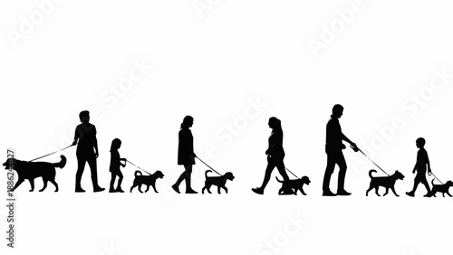 Silhouettes of people walking dogs on leashes in a line.