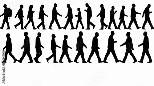 Silhouettes of people walking in a line.