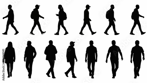 Silhouettes of people walking in a line.