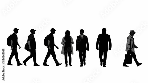 Silhouettes of people walking in a line against a white background.