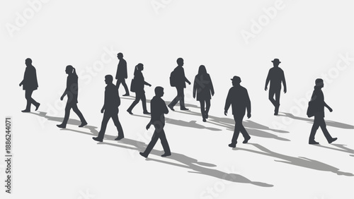 Silhouettes of people walking in a line casting shadows.