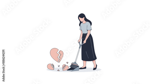Woman sweeping broken heart pieces, symbolizing moving on from heartbreak