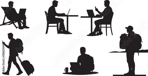 Black Solid Digital Nomad Silhouettes Set of Six on White Background