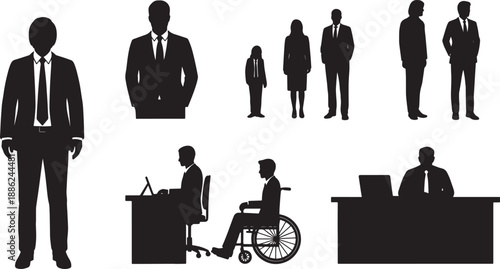 Black Solid Diverse Workplace Silhouettes Set of Six on White Background