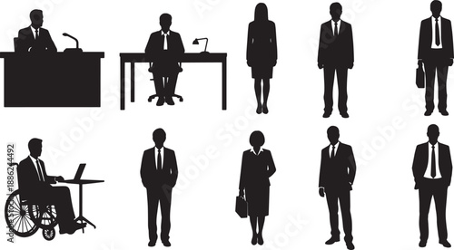 Black Solid Diverse Workplace Silhouettes Set of Six on White Background