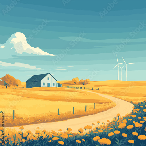Flat vector illustration of Oklahoma countryside with open plains