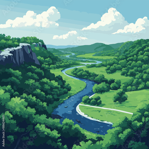 Flat vector illustration of Missouri landscape with rolling hills, forests, winding rivers, and limestone bluffs, central U