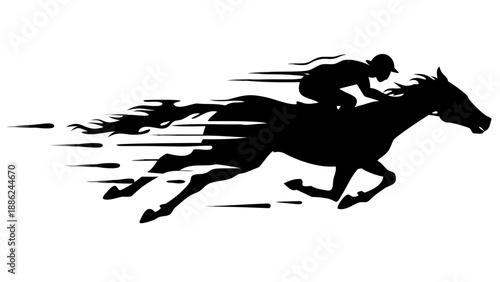 A silhouette of a jockey riding a horse at full speed, conveying motion and energy silhouette