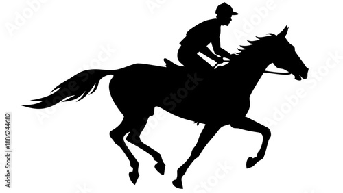 A black silhouette of a jockey riding a horse at full gallop