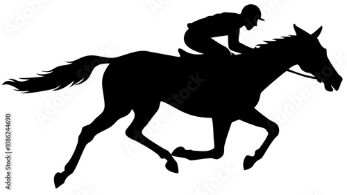 A black silhouette of a jockey riding a horse at full gallop