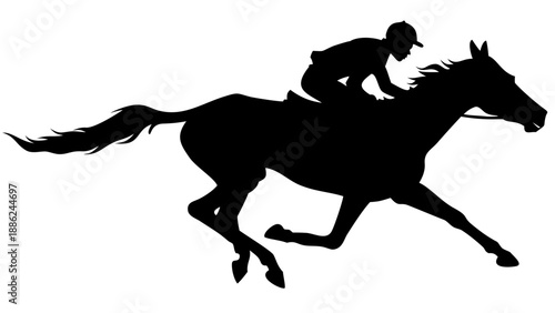 A silhouette of a jockey riding a horse at full speed