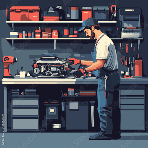 Flat vector illustration of a mechanic or car enthusiast working on a generic engine in a home garage