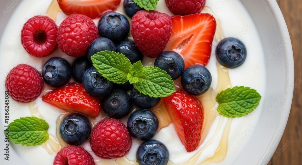 Obraz premium Delicious Yogurt Parfait with Fresh Berries and Mint.