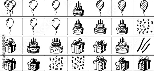 Black and White Party Icons Set with Balloons, Cakes, and Gifts