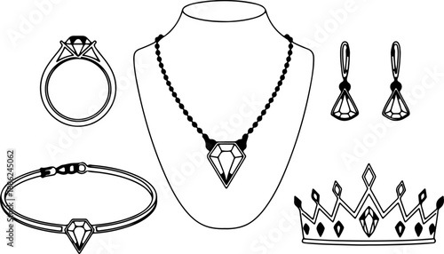 Diamond Jewelry Set Featuring Necklace, Ring, Earrings and Bracelet, and Crown on White Background