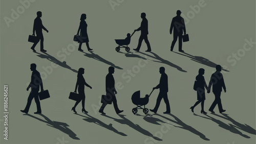 Silhouettes of people walking with briefcases and strollers casting long shadows.
