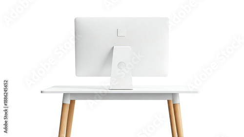 Modern White Desk with Computer Monitor and Wooden Legs