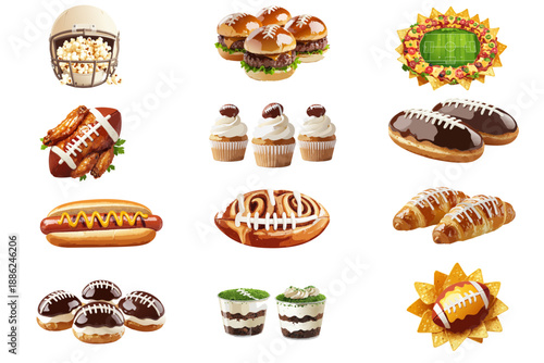 Football-Themed Food Vector Set — Super Bowl Snacks and Game Day Treat Illustrations
