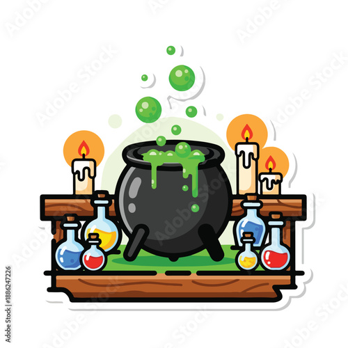 A bubbling cauldron on a wooden shelf