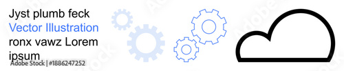 Cloud computing, data storage, IT solutions, automation, digital transformation, technology innovation. Black cloud icon with blue gear symbols. Cloud computing and automation