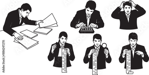 Black Solid Financial Analysis Silhouettes Set of Six on White Background