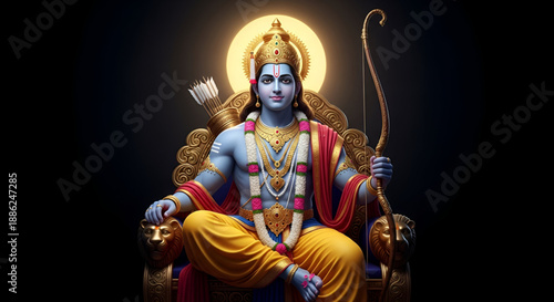 Ram Navami lord ram divine hindu festival illustration with spiritual devotion royal throne blessing pose sacred aura for religious celebration design