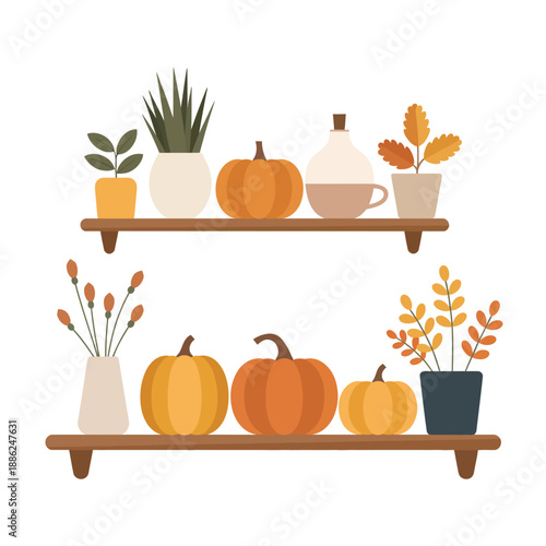 Cozy autumn decor on wooden shelves with pumpkins and plants