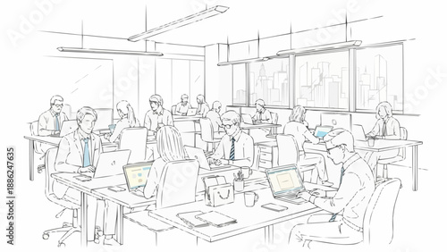 Sketch of a busy modern office environment with people working at desks.