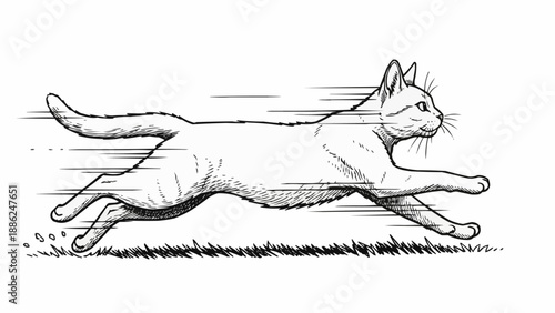 Sketch of a white cat running very fast with motion blur.