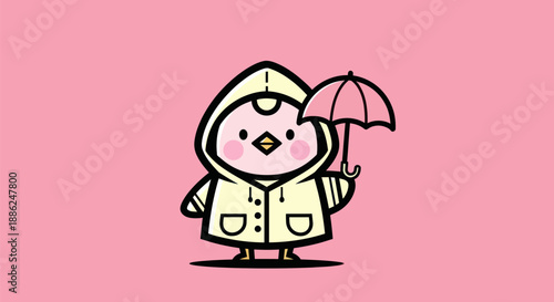 Cartoon bird with umbrella and raincoat