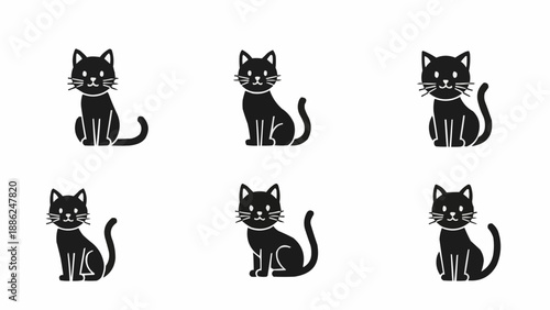 Six Black Cat Icons Sitting and Looking Forward.