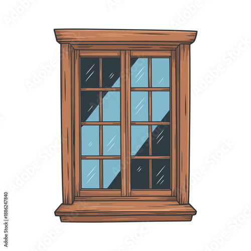 Wooden window with glass panes and rainy weather outside