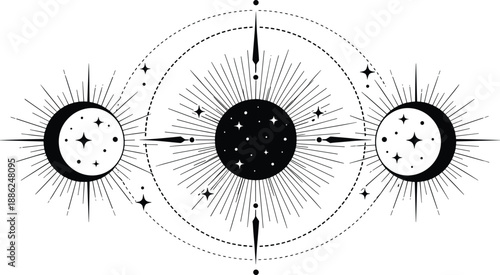 Celestial moon phases illustration with radiant suns, starbursts, dotted orbits, cosmic symbols, and mystical astronomical line art design