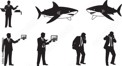 Black Solid Investor Pitch Silhouettes Set of Six on White Background