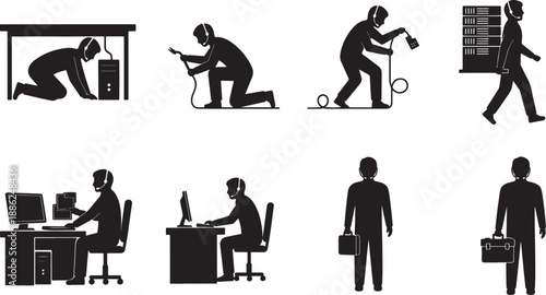 Black Solid IT Support Silhouettes Set of Six on White Background