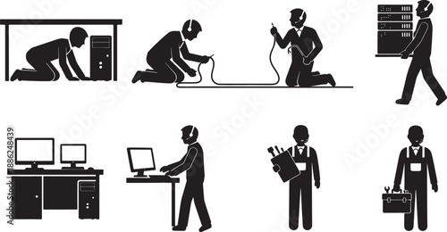 Black Solid IT Support Silhouettes Set of Six on White Background