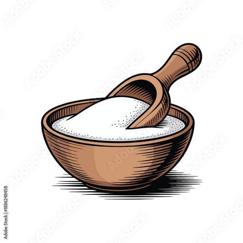 Sugar in wooden bowl with scoop