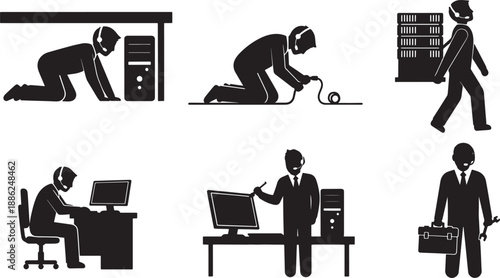 Black Solid IT Support Silhouettes Set of Six on White Background