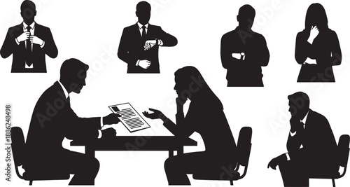 Black Solid Job Interview Silhouettes Set of Six on White Background