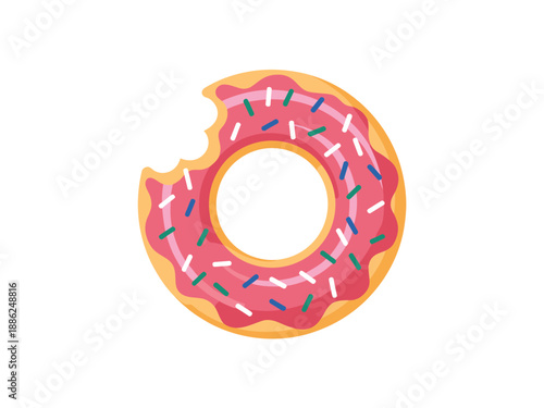 Pink donut with sprinkles and a bite taken out