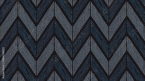 Blue and grey herringbone knit texture with chevron geometric fabric weave pattern background