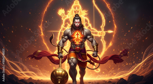 Hanuman jayanti powerful hindu deity illustration with ram divine presence showing strength devotion and faith for ram navami religious banner poster background