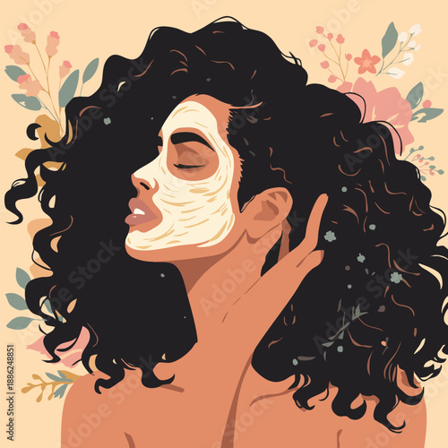 Woman with facial mask relaxing surrounded by flowers.